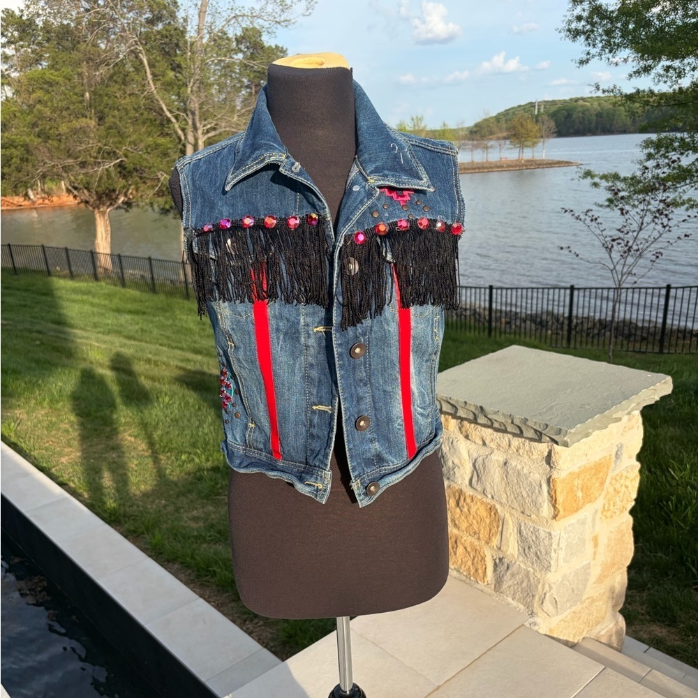 Y2K dELiA*s Denim Fringe Vest Rhinestone Western Cropped Size M